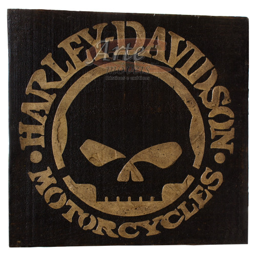 Placa "Harley Davidson Skull" Preta em Madeira - 5244